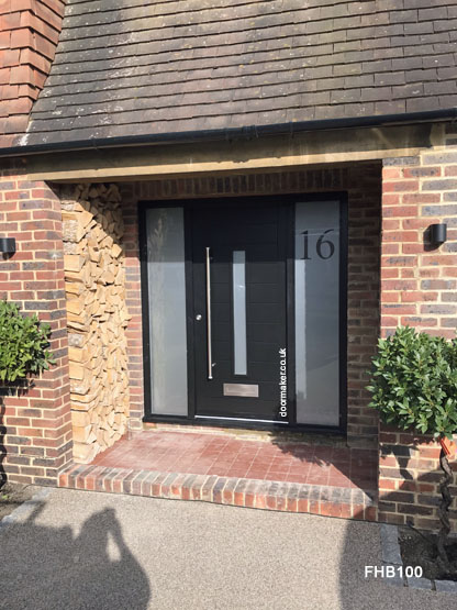 black contemporary  door and frame with sidelights