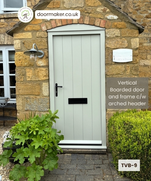 traditional front door with vertical boards and frame