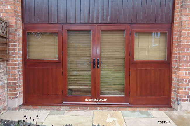 iroko french doors side panels and mahogany shade