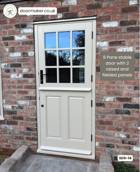 Accoya Stable door with 9 Panes over 2 Raised & Fielded Panels and Frame. Finished in Farrow and Ball shade 264 Oxford Stone