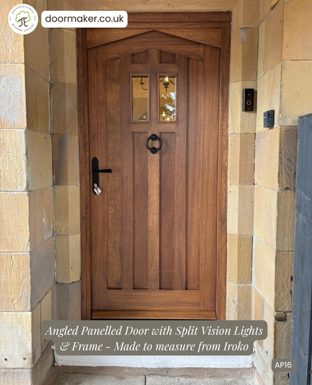 traditional front door made from iroko angled panelled design
